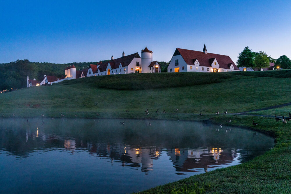 An image of the WinShape Retreat center at dusk.