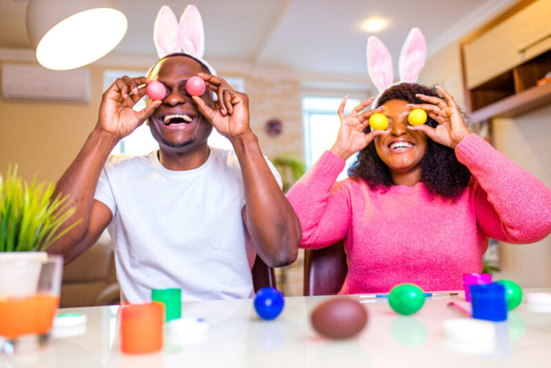 young married couple participating in one of our spring date ideas, celebrating Easter