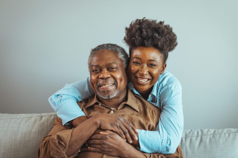 Daughter with elderly dad looking for the blessings of caring for aging parents