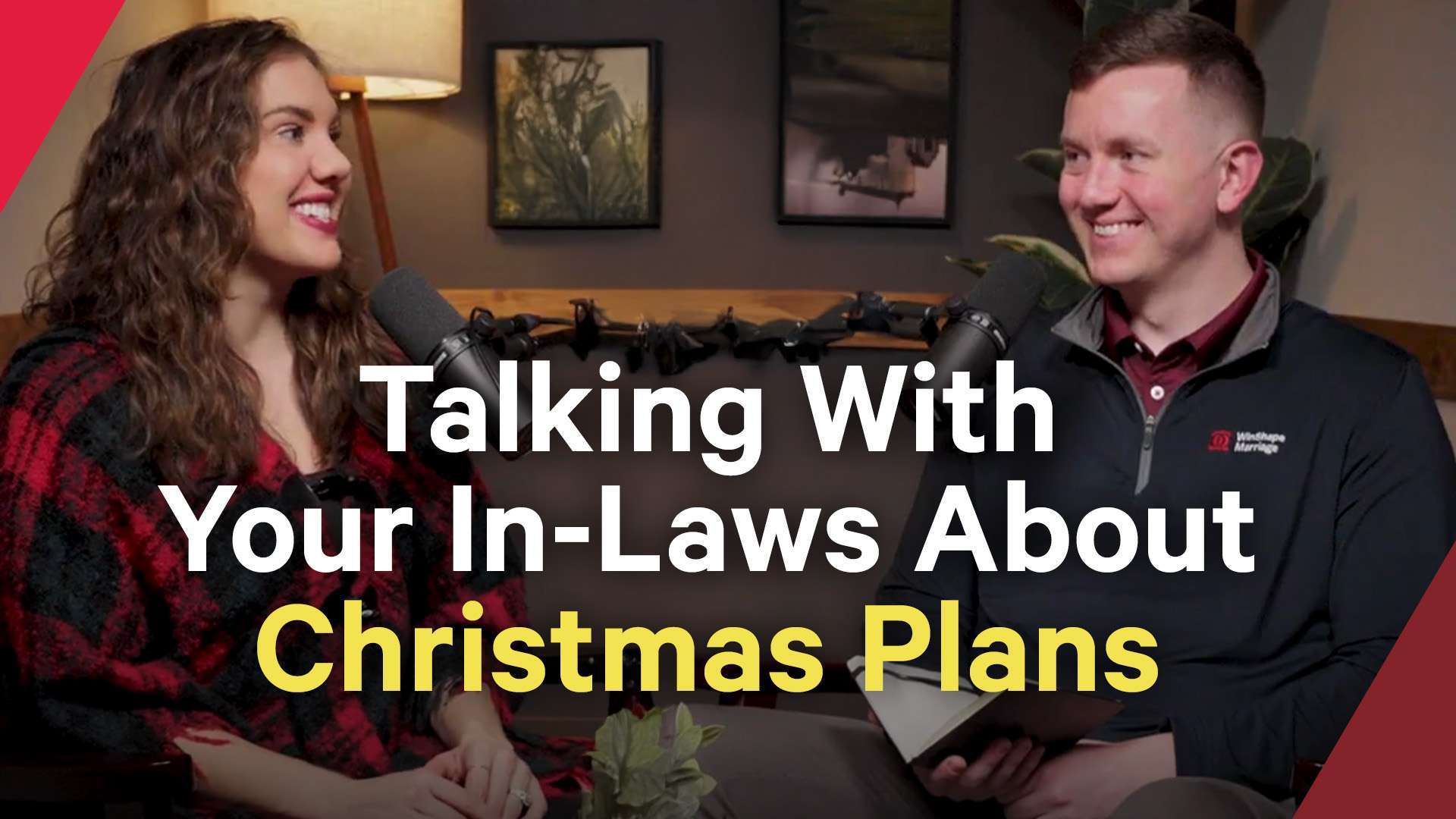 a youtube thumbnail of a man and a woman talking with the text 'Talking with your in-laws about Christmas plans'